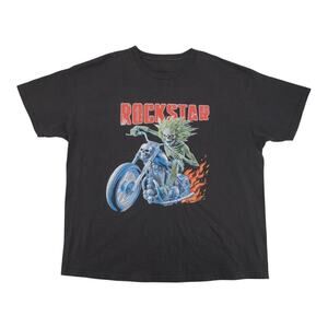 Rockstar Skeleton Biker Graphic T-Shirt Black Flame Motorcycle Tee XL Punk Grung